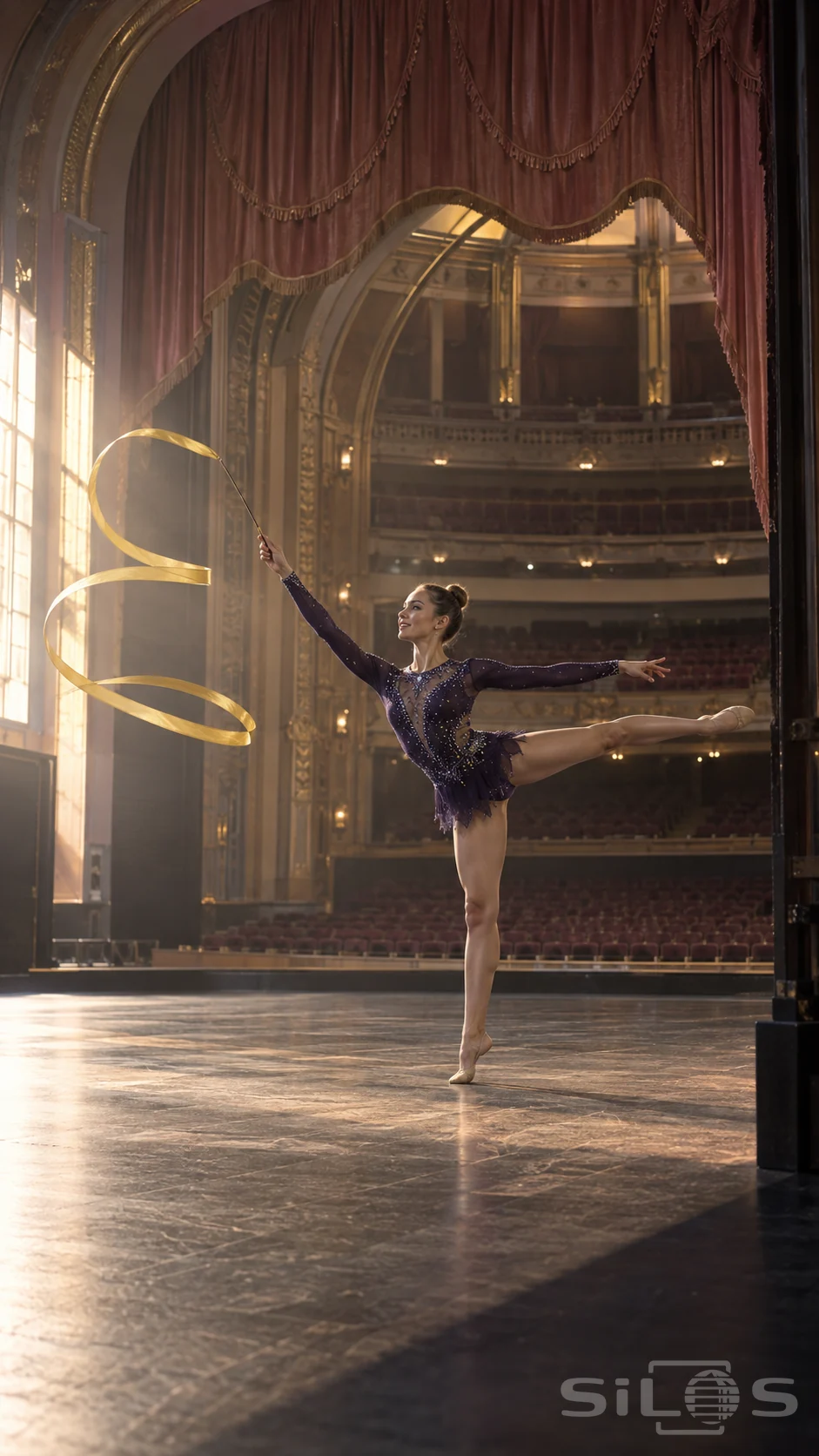 Ribbon gymnastics on an empty theatre stage, with a golden ribbon spiralling beside a performer in a violet costume.
