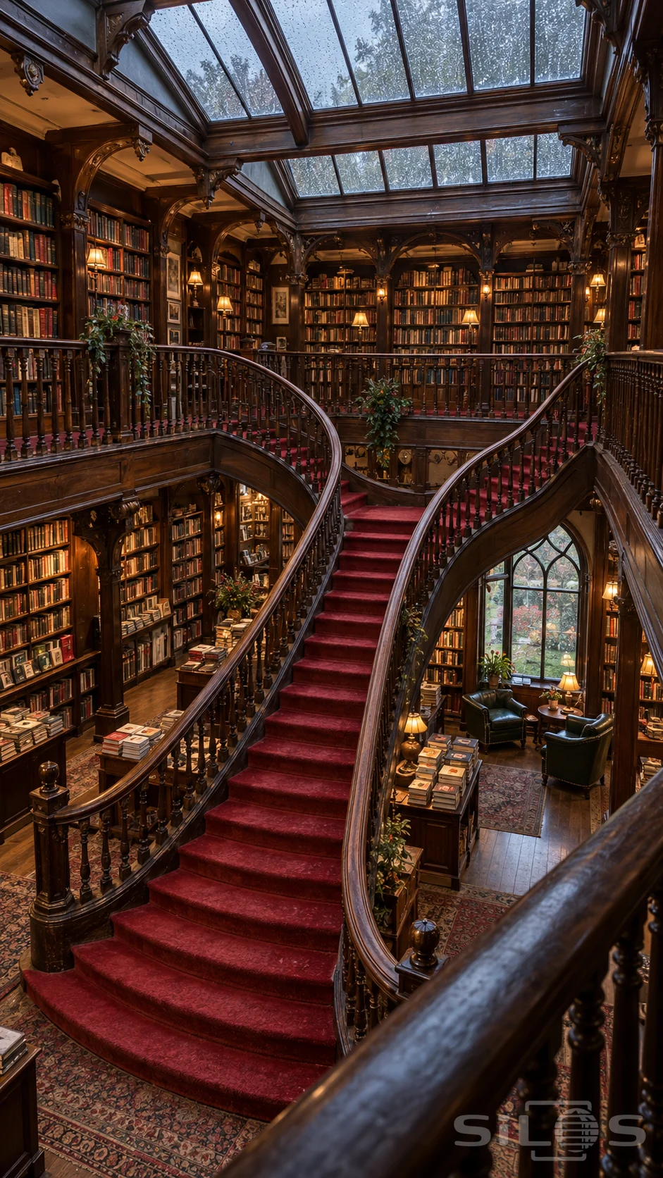 Two-level timber bookshop with a sweeping crimson carpeted staircase, carved galleries, glass roof and warm reading lamps.