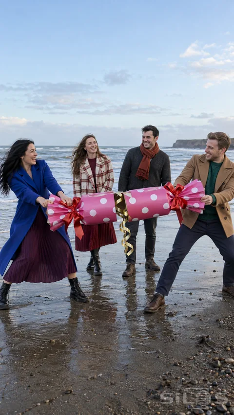 Four adult friends pull a giant party cracker made from pink spotted paper with red ribbon bows on a winter beach.