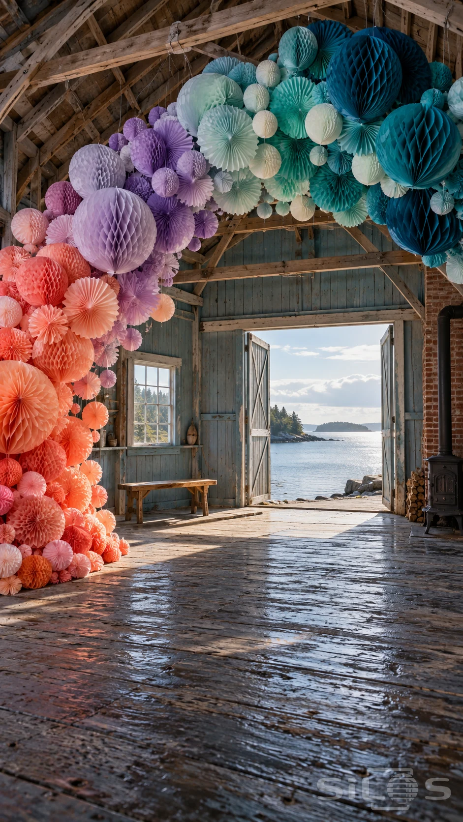 A honeycomb paper color wave hangs from timber rafters above wet boathouse boards and an open coastal doorway.