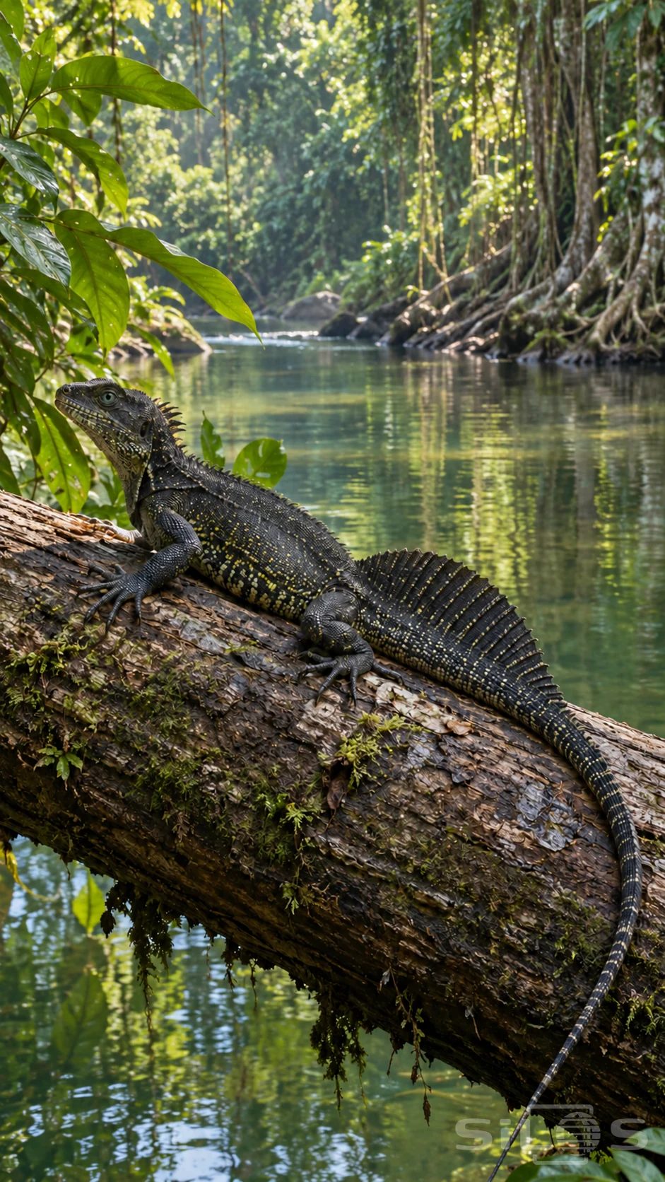 A sailfin lizard grips a fallen trunk above a green river reflection with its ribbed tail sail and long tapering tail visible.
