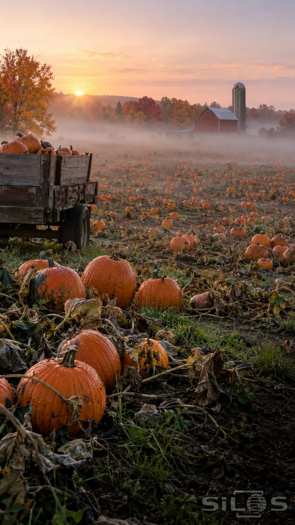 Dewy orange pumpkins lie among dry vines beside a wooden wagon as dawn mist drifts around a distant red barn and grain silo.
