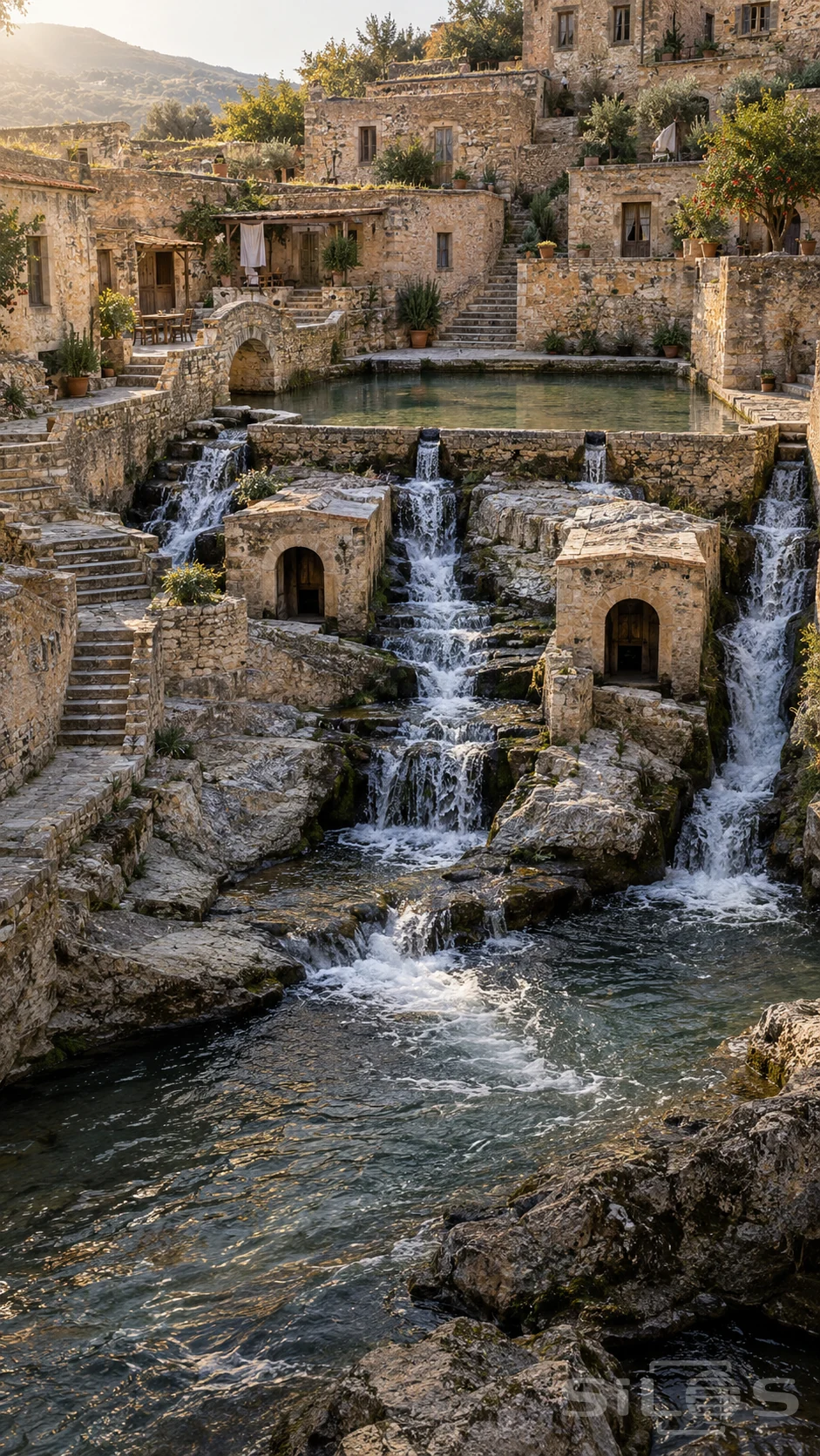 Water divides from an upper basin into several cascades beside small stone mill houses, stairs and planted homes before joining a lower river.