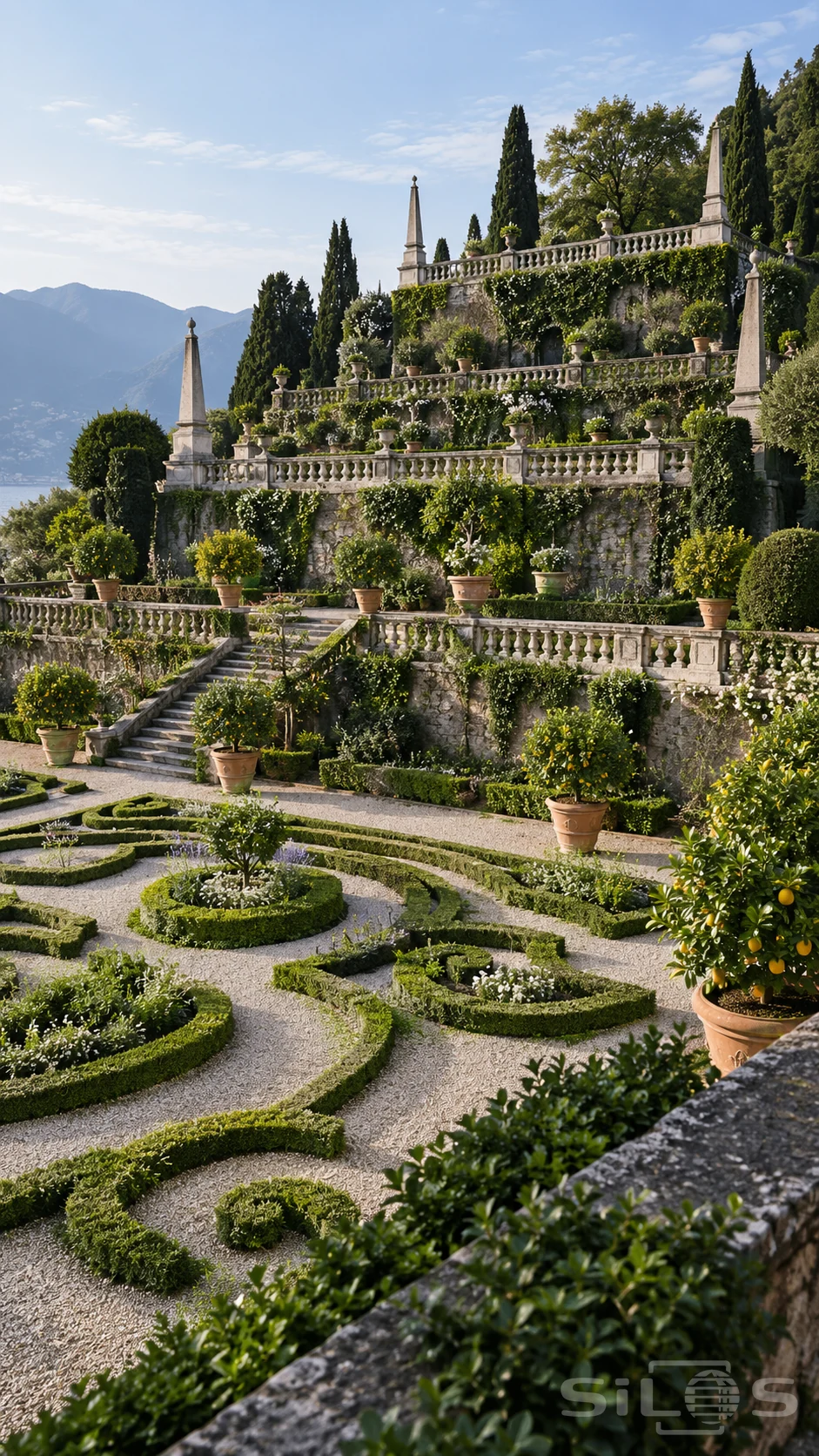 Tiered stone garden with balustrades, plain obelisks, citrus pots and scrolling clipped hedges beside distant mountains.