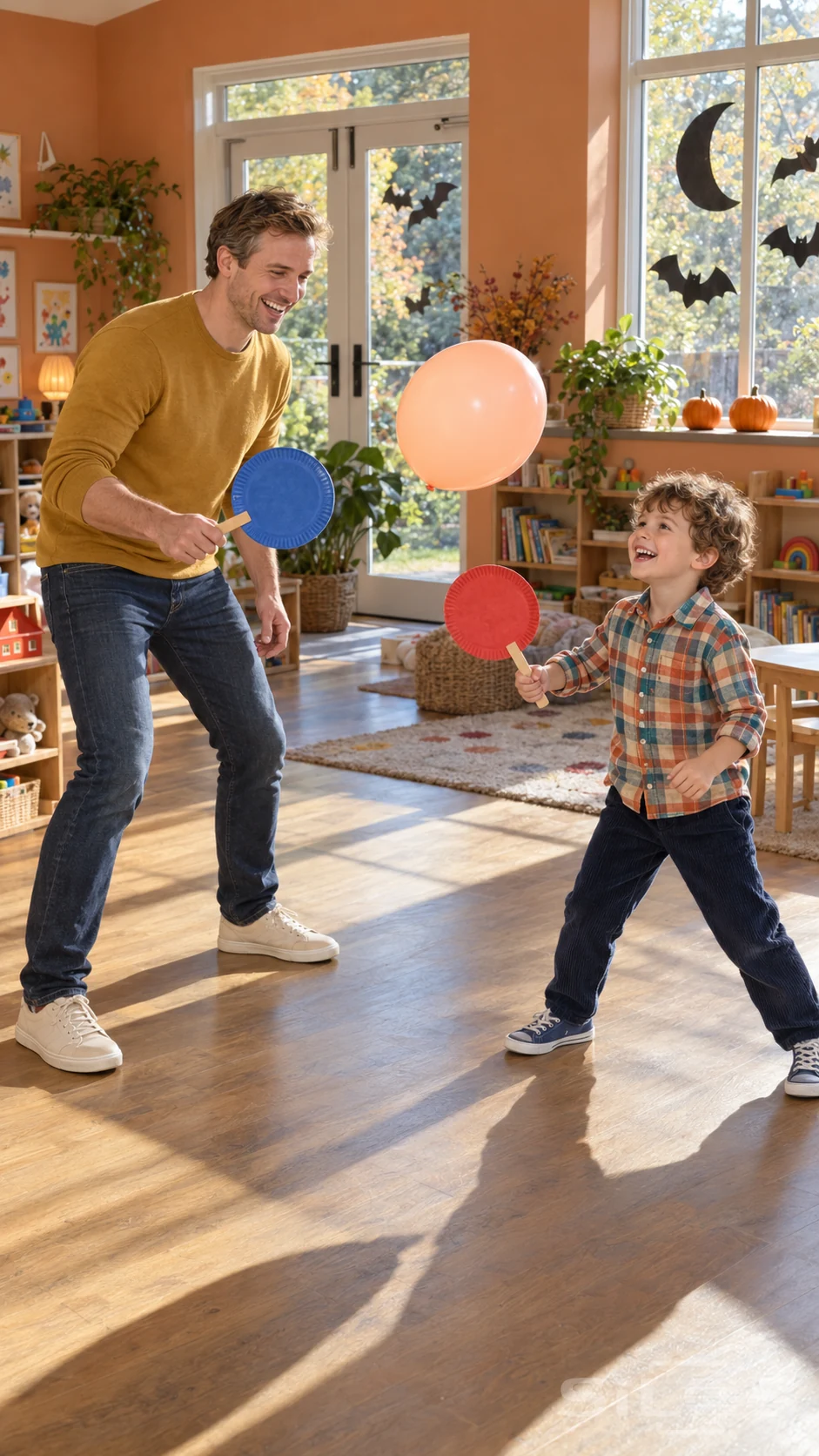 A father and young son play balloon tennis with paper plate paddles beside sunlit windows decorated with bats and a crescent moon.