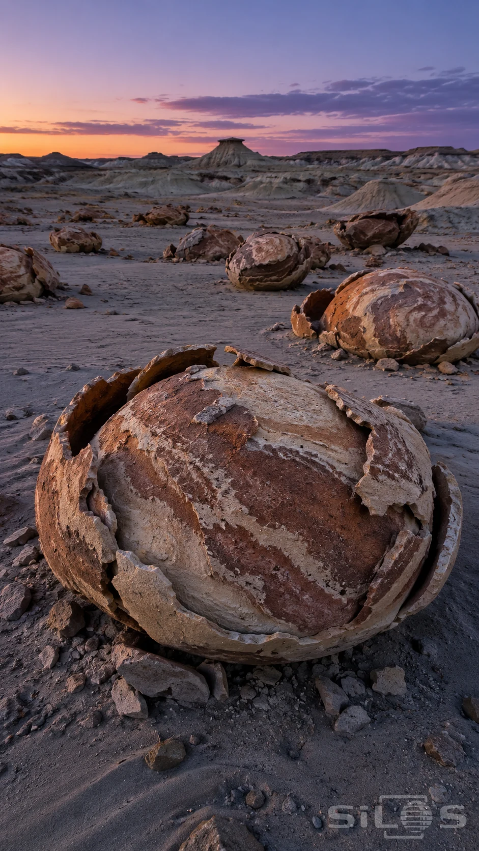 Cracked egg rocks with curled sandstone bands lie across a gray desert basin beneath lavender blue dusk and a warm horizon.