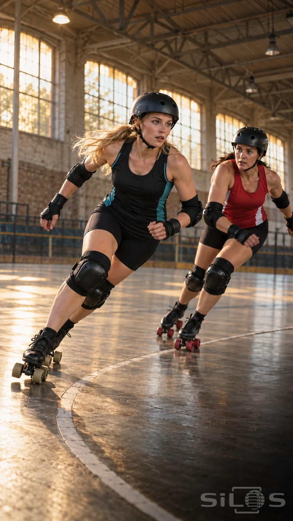A derby skater in a black jersey leans through a turn beside a woman in red, both wearing helmets and protective pads.