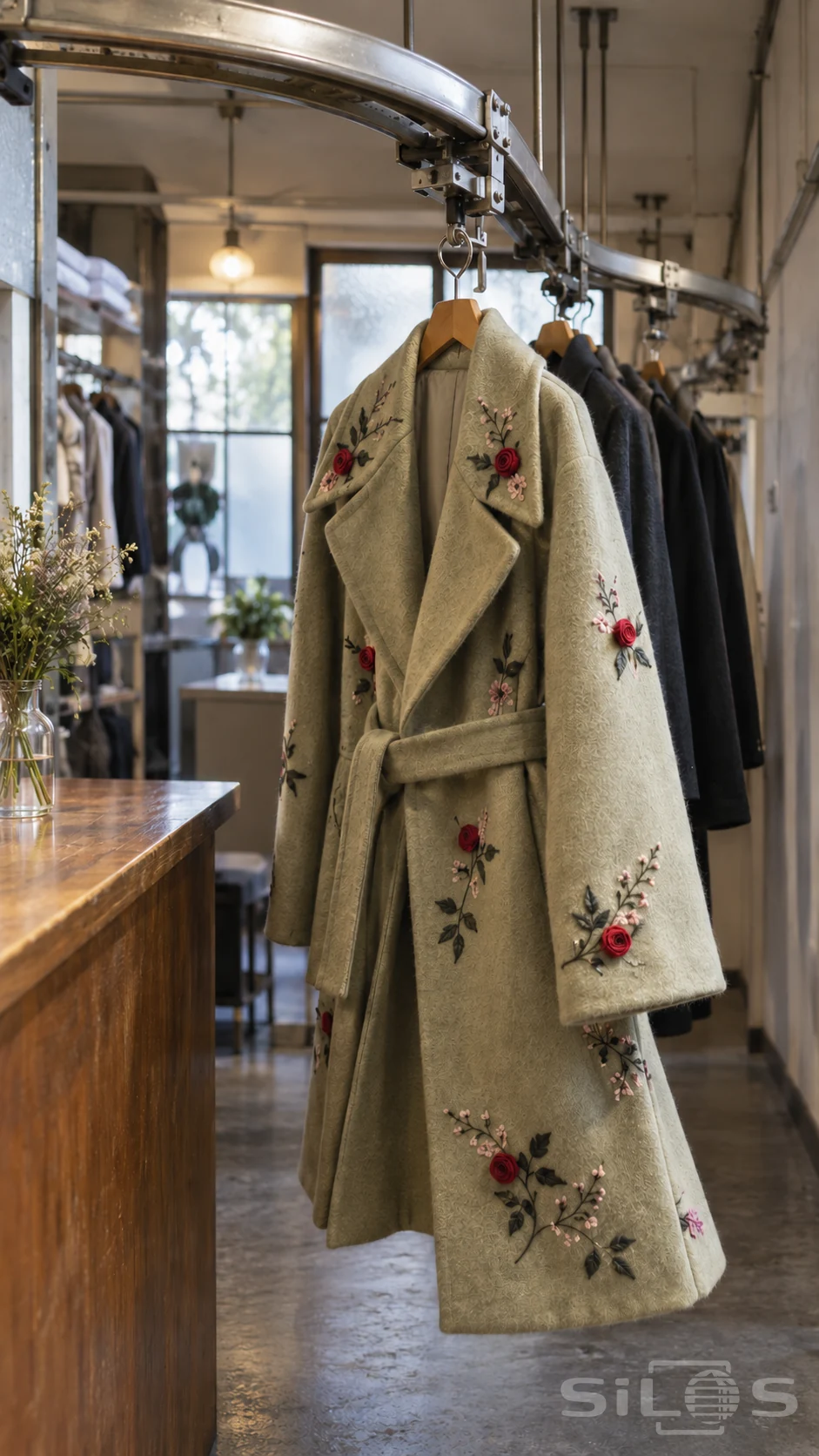 A sage embroidered coat with ribbon roses hangs from a wooden hanger and metal carriage on a curved garment rail inside a shop.