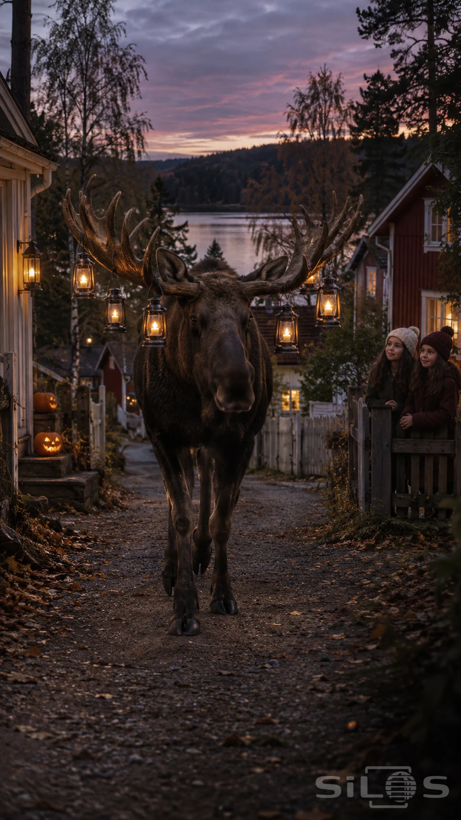 A bull moose walks beneath lantern-hung antlers as two girls in knitted hats watch from a garden gate near a quiet lake.