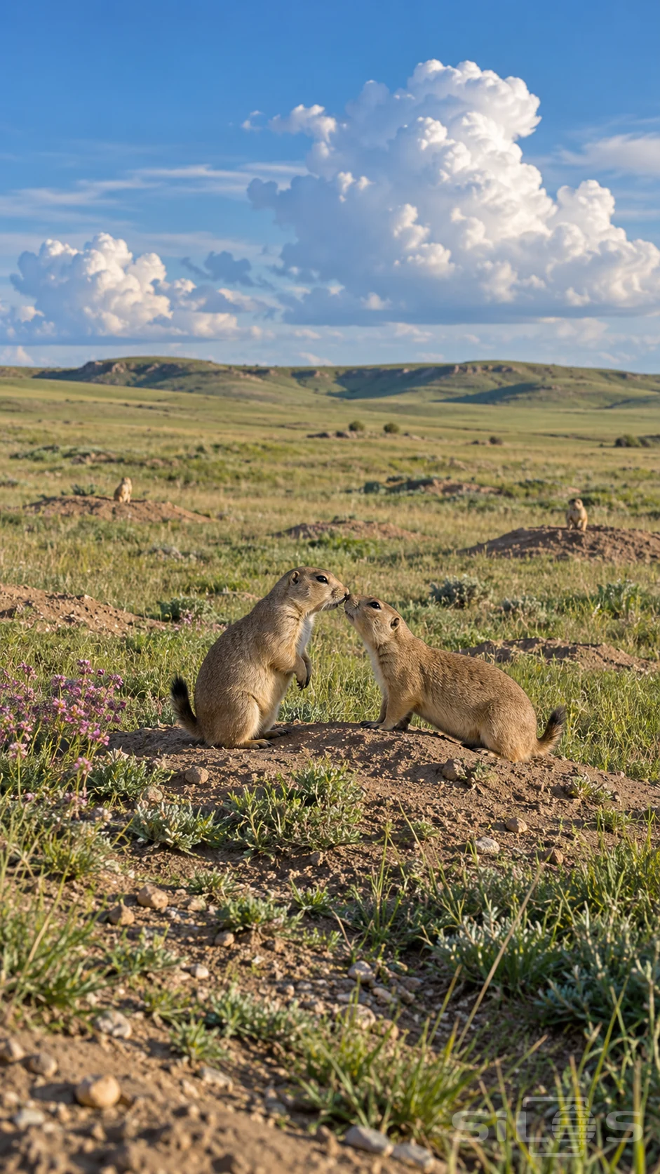 A prairie dog greeting takes place nose to nose on a burrow mound beneath a wide blue sky over shortgrass prairie.