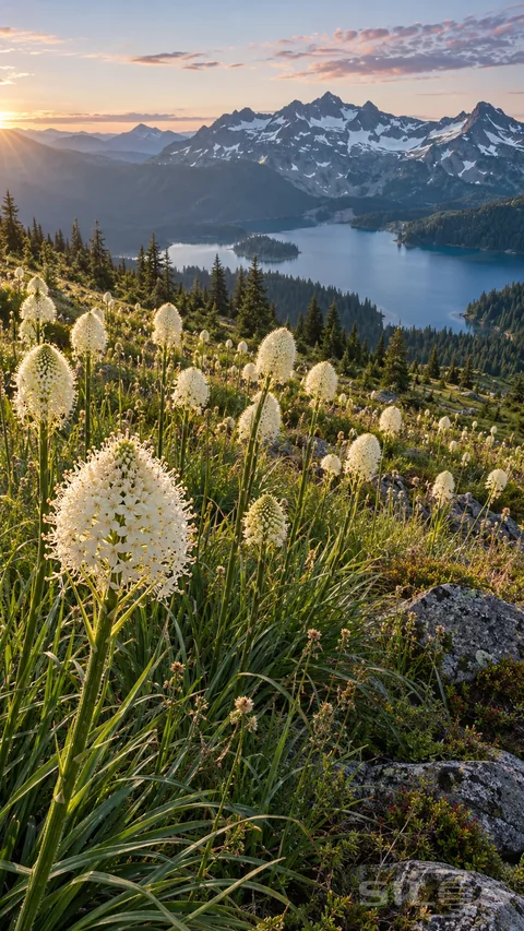 White beargrass flowers rise from a rocky mountain slope above a blue lake and snowy peaks at sunrise.