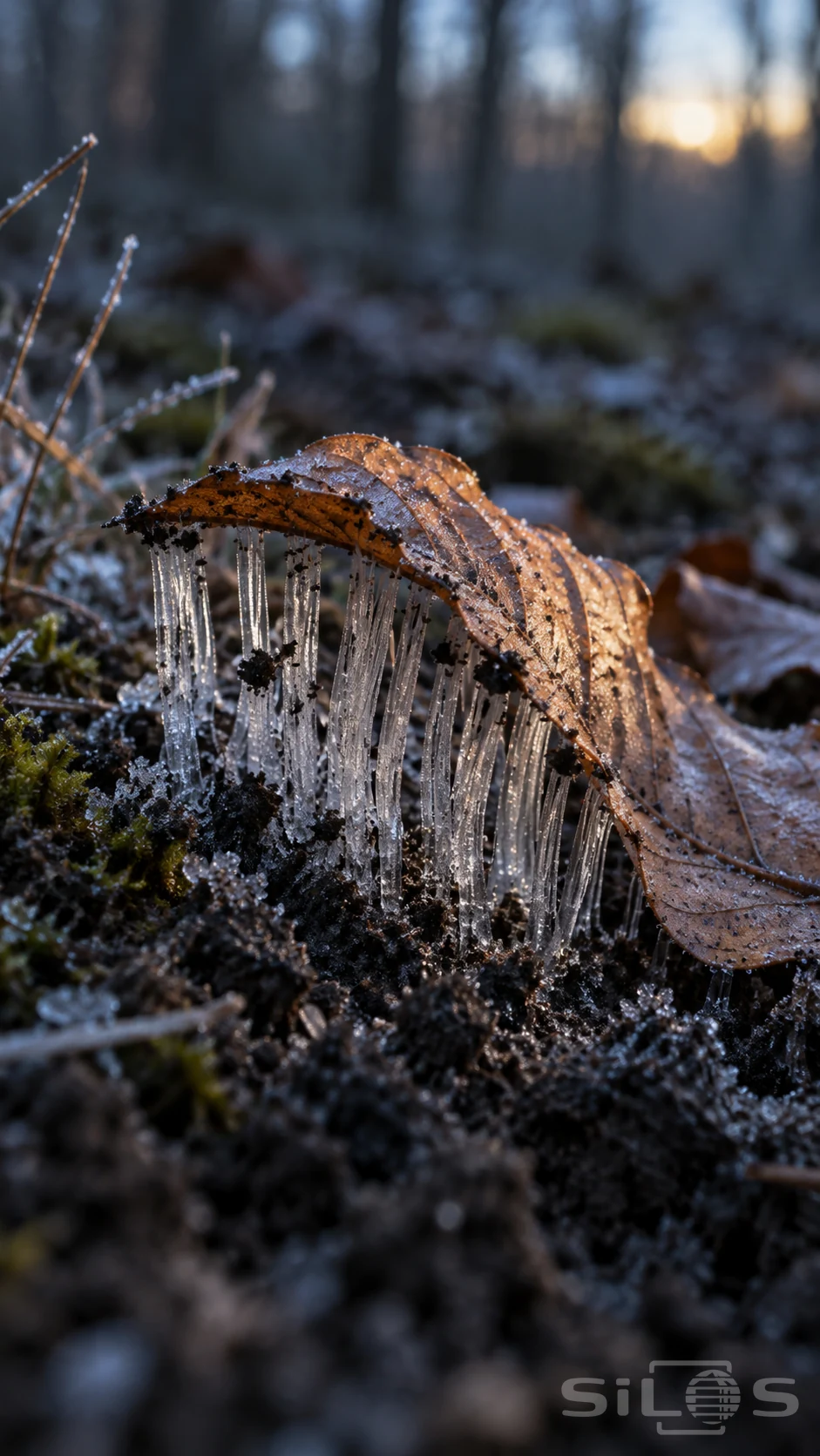 Needle ice rises from frozen woodland soil beneath a curled brown leaf with tiny earth crumbs caught among the clear columns.
