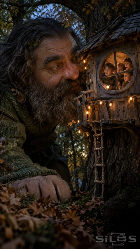 A bearded giant in a moss-green knitted jumper peers toward four boys at the round window of an oak tree house lit by warm bulbs.