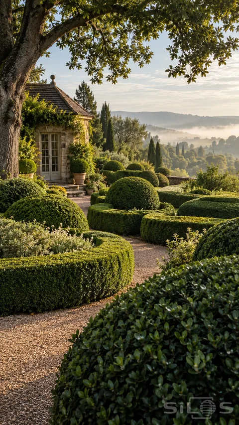 A sculpted boxwood garden spreads beneath a mature tree beside a small stone pavilion.