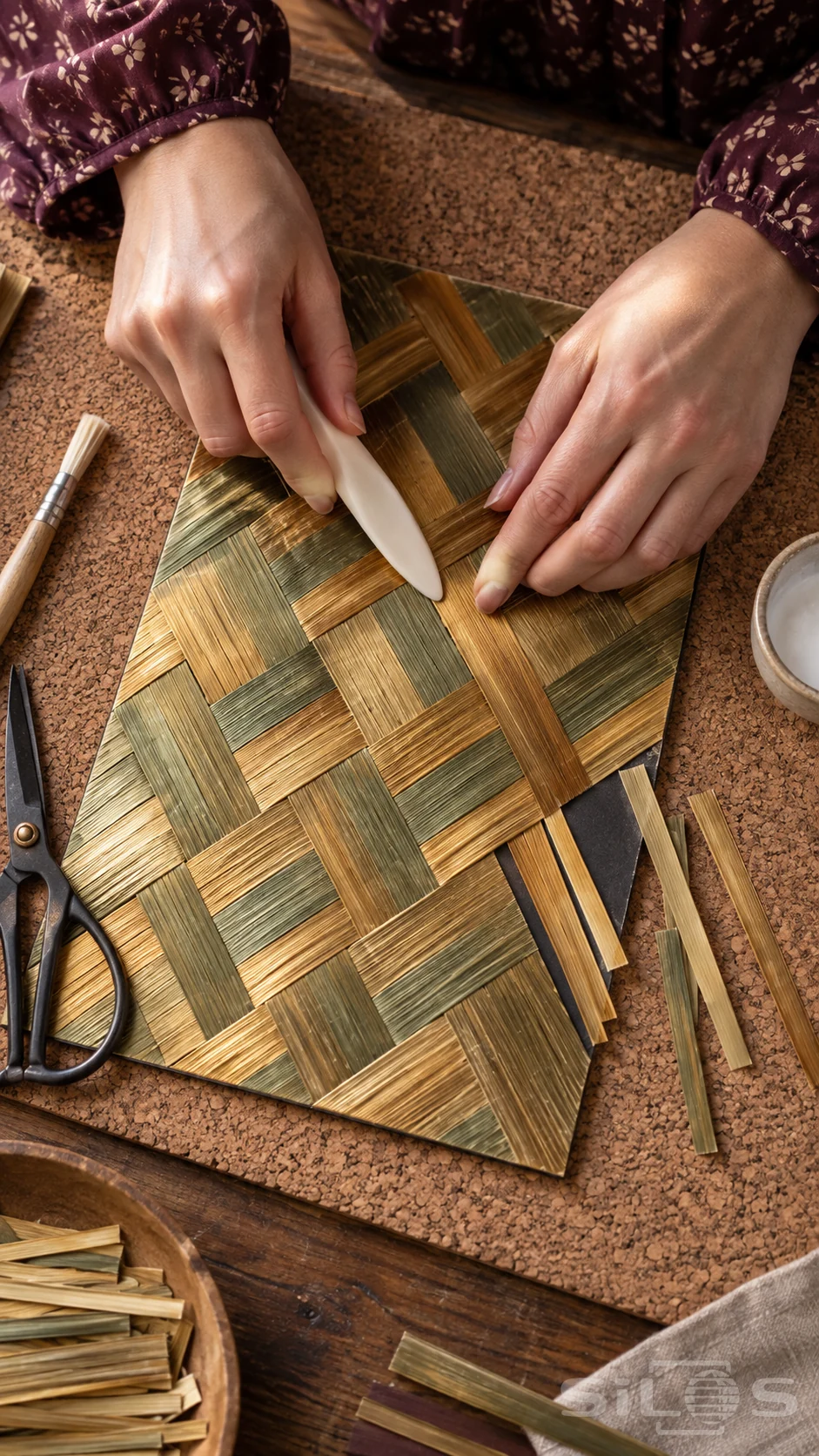 Two adult hands use a bone folder to press green and gold strips into a straw marquetry panel on cork.
