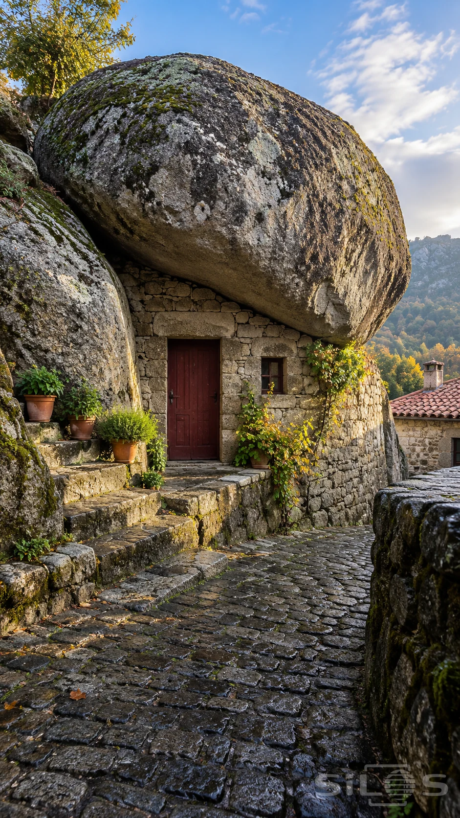 An enormous rounded boulder forms the roof of a stone house with a red door beside wet cobbles and autumn trees.