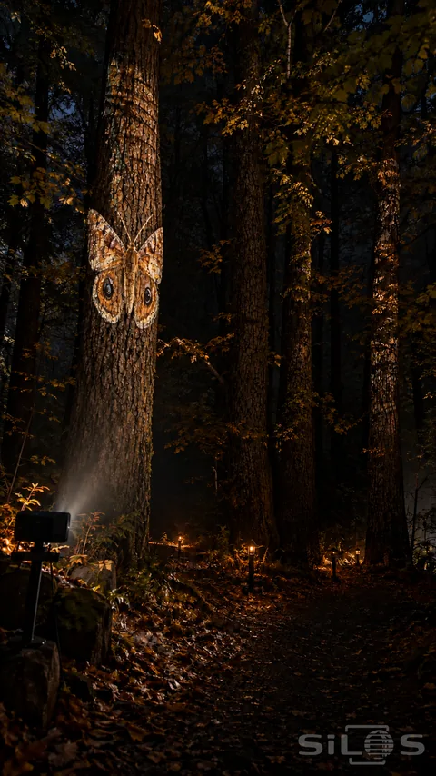A moth projection falls on rough tree bark beside an autumn path with small lamps and a visible projector.