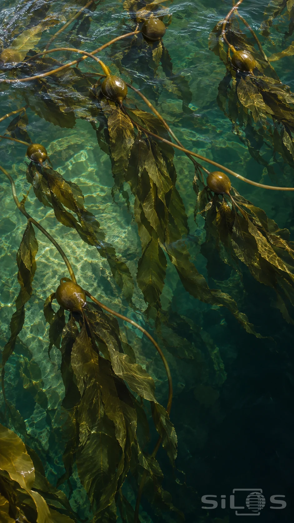 Rounded bull kelp bulbs and long amber stems float above olive ribbon blades in clear green water with rippled sunlight.