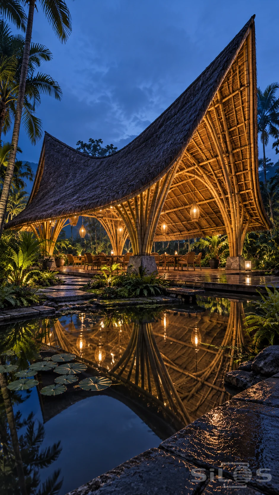 A tall thatched bamboo pavilion with fan-shaped supports glows warmly beside a reflecting pond in a lush tropical garden.