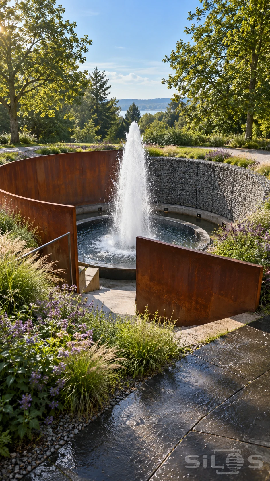 A tall fountain rises from a sunken circular pool enclosed by rust-red steel and grey stone gabion walls.