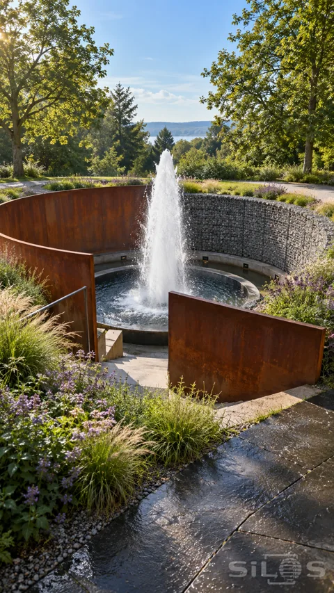 A tall fountain rises from a sunken circular pool enclosed by rust-red steel and grey stone gabion walls.