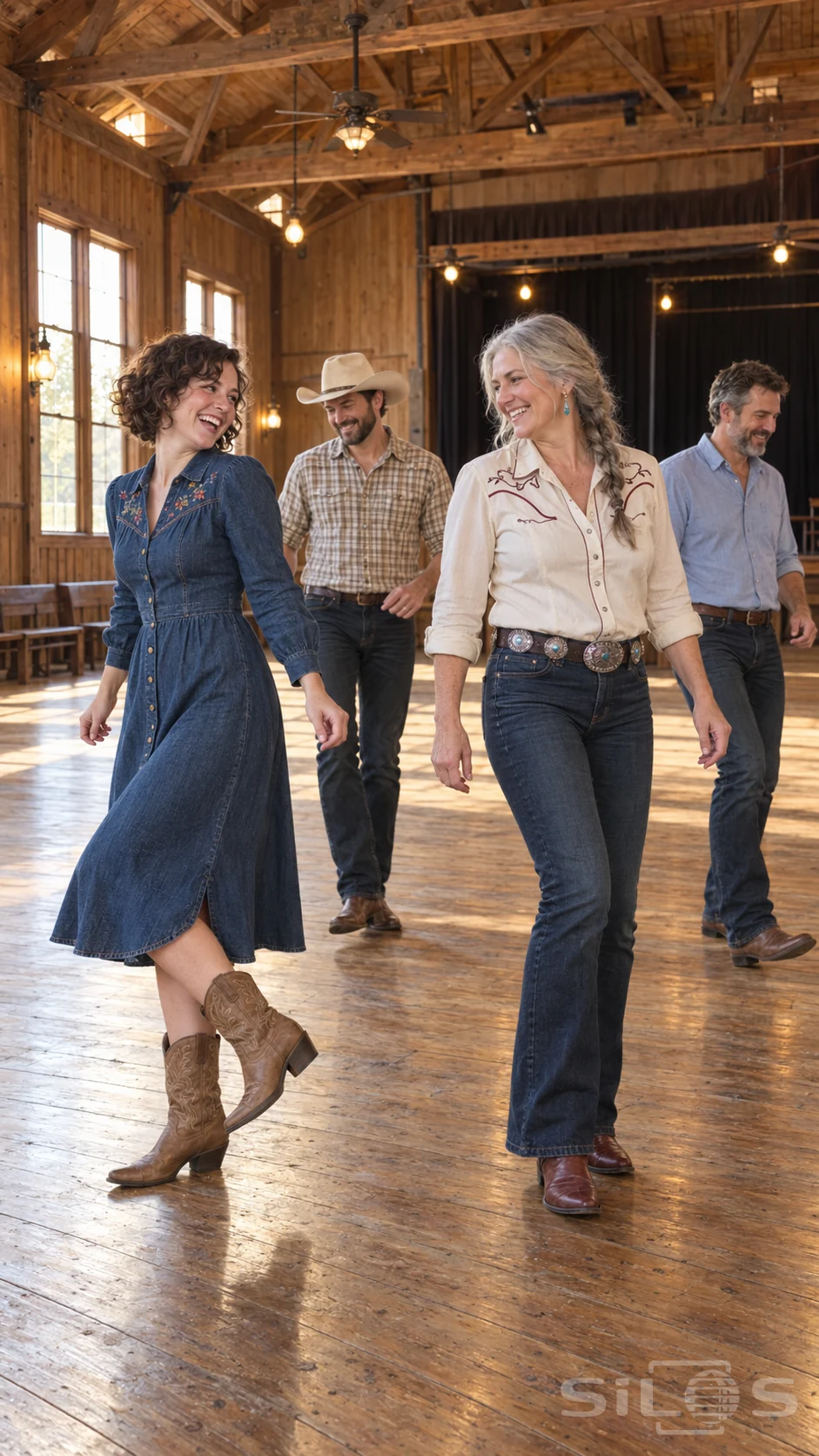 Four adults share a country line dance in a timber hall as two women laugh over a mismatched step in western boots.