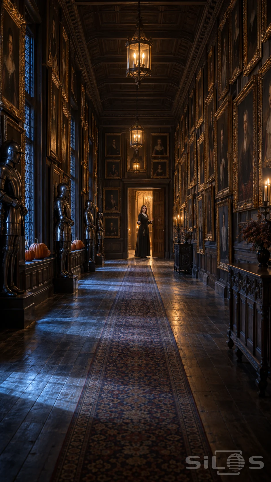 A woman with keys beckons from a warm doorway at the end of a castle gallery lined with portraits and suits of armour.