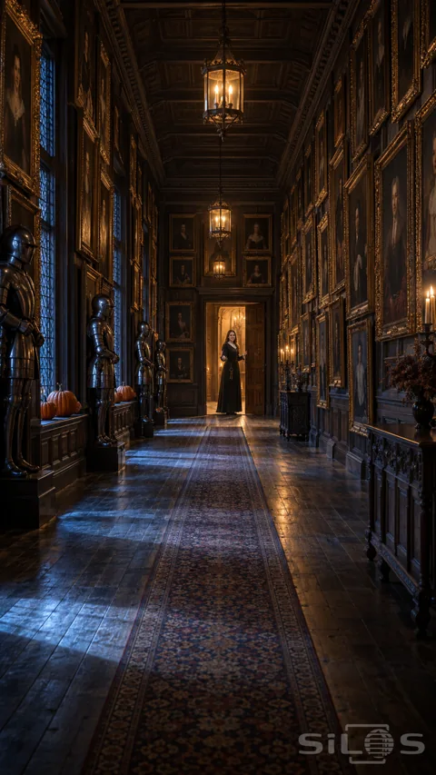 A woman with keys beckons from a warm doorway at the end of a castle gallery lined with portraits and suits of armour.
