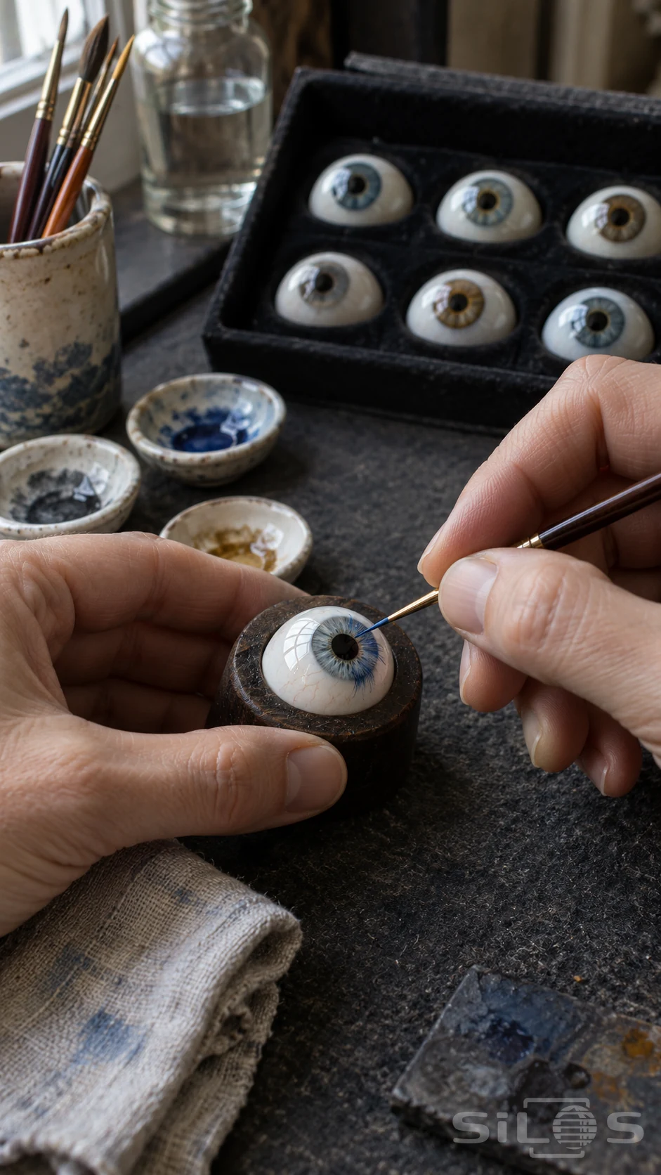 Glass iris painting in close detail, with two hands, a fine brush, blue pigment and finished glass eyes in a dark velvet case.