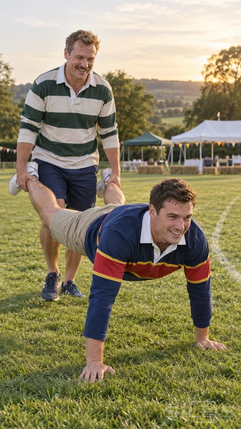 Two adult friends play a human wheelbarrow race on a sports field while wearing striped rugby shirts.