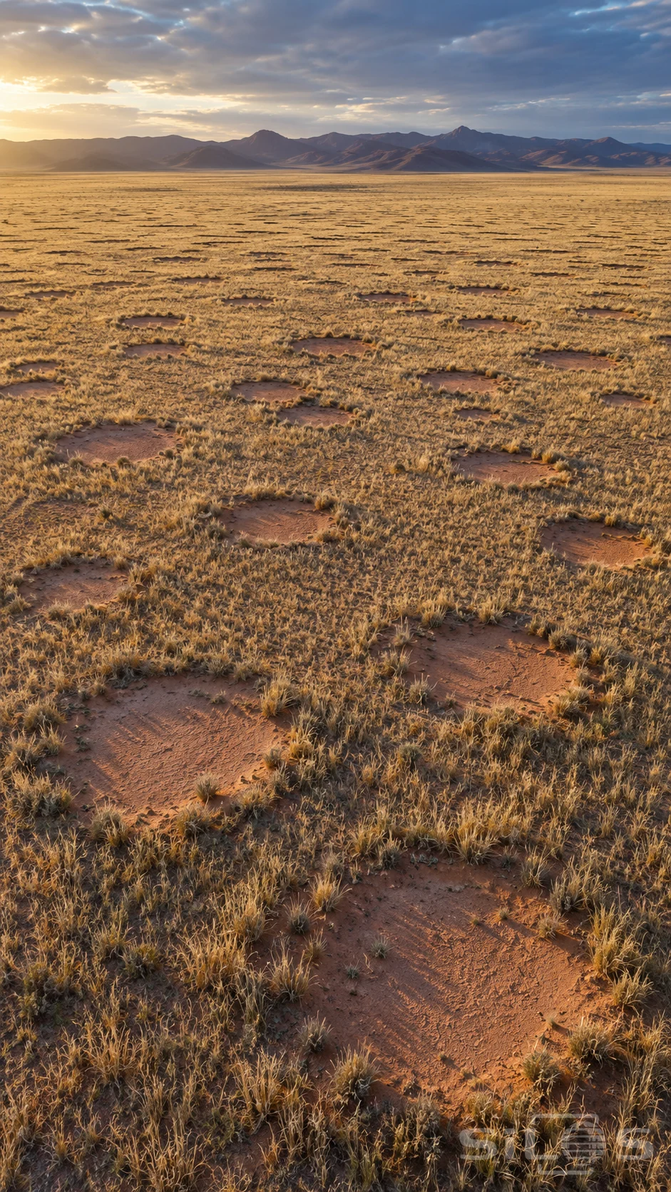 Natural fairy circles of bare sand interrupt tawny grass across a wide desert plain beneath a distant mountain ridge.