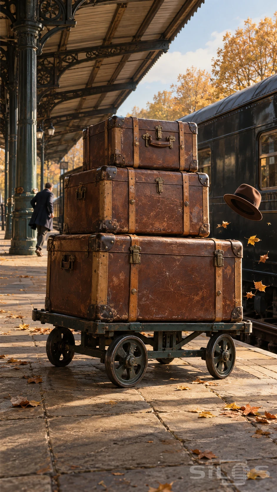 A brown felt hat flies beside three enormous leather suitcases on an iron trolley beneath an autumn station canopy.