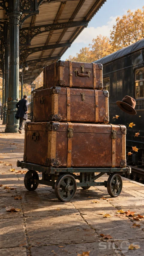 A brown felt hat flies beside three enormous leather suitcases on an iron trolley beneath an autumn station canopy.