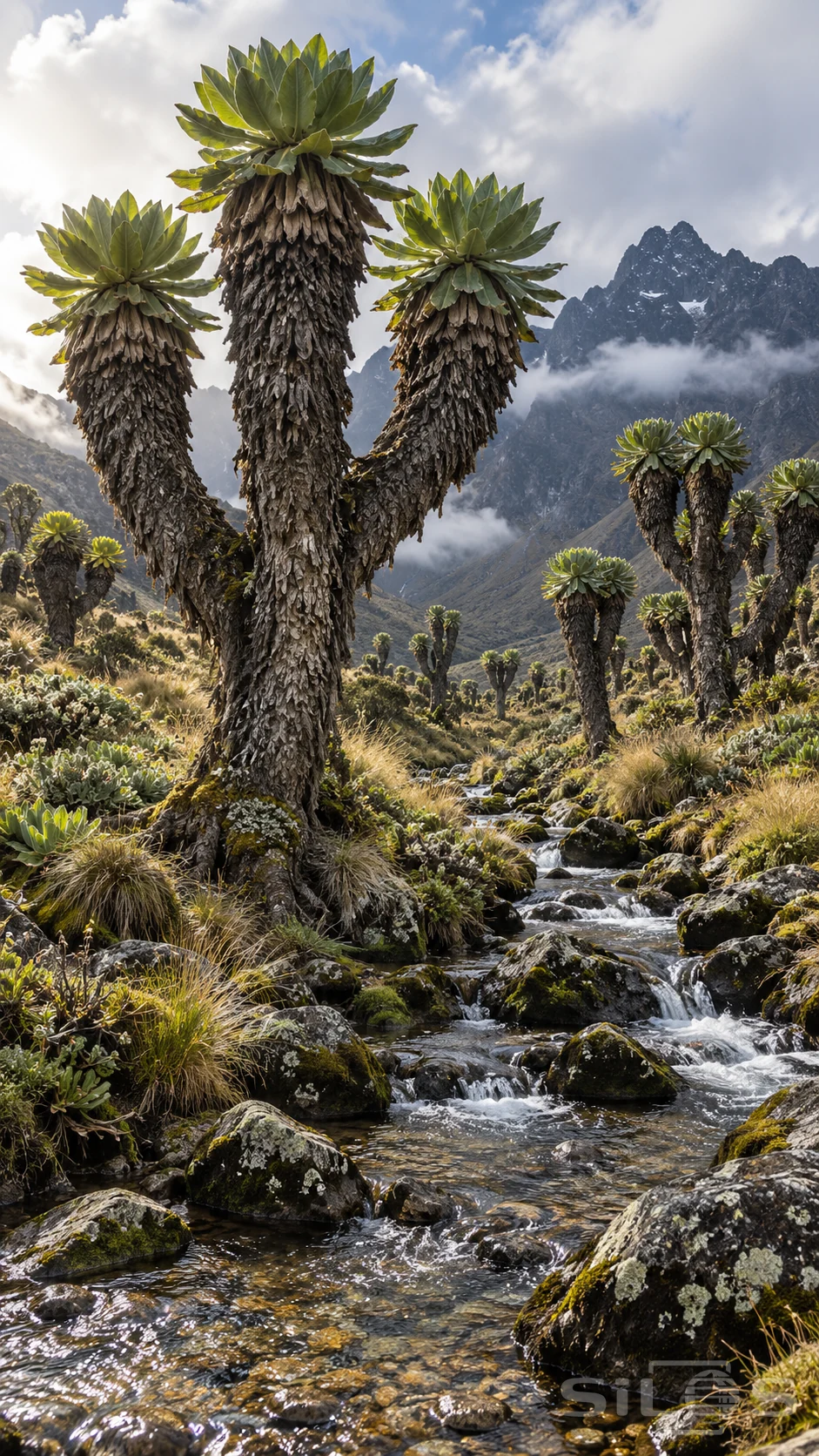Tall branching giant groundsels with green rosette crowns and dark leaf-covered trunks stand beside a rocky stream beneath a mountain ridge.