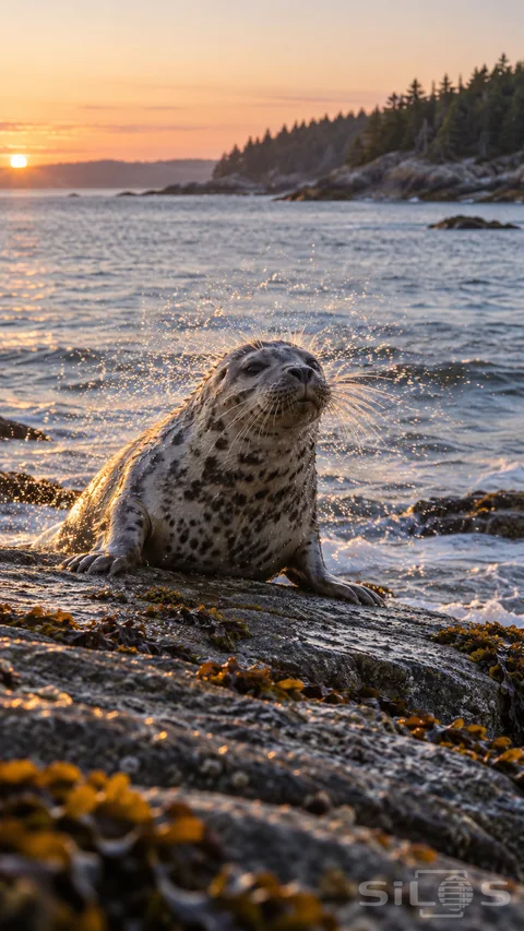 A harbor seal shakes sea spray into dawn light while bracing its foreflippers on wet granite beside a spruce-lined coast.