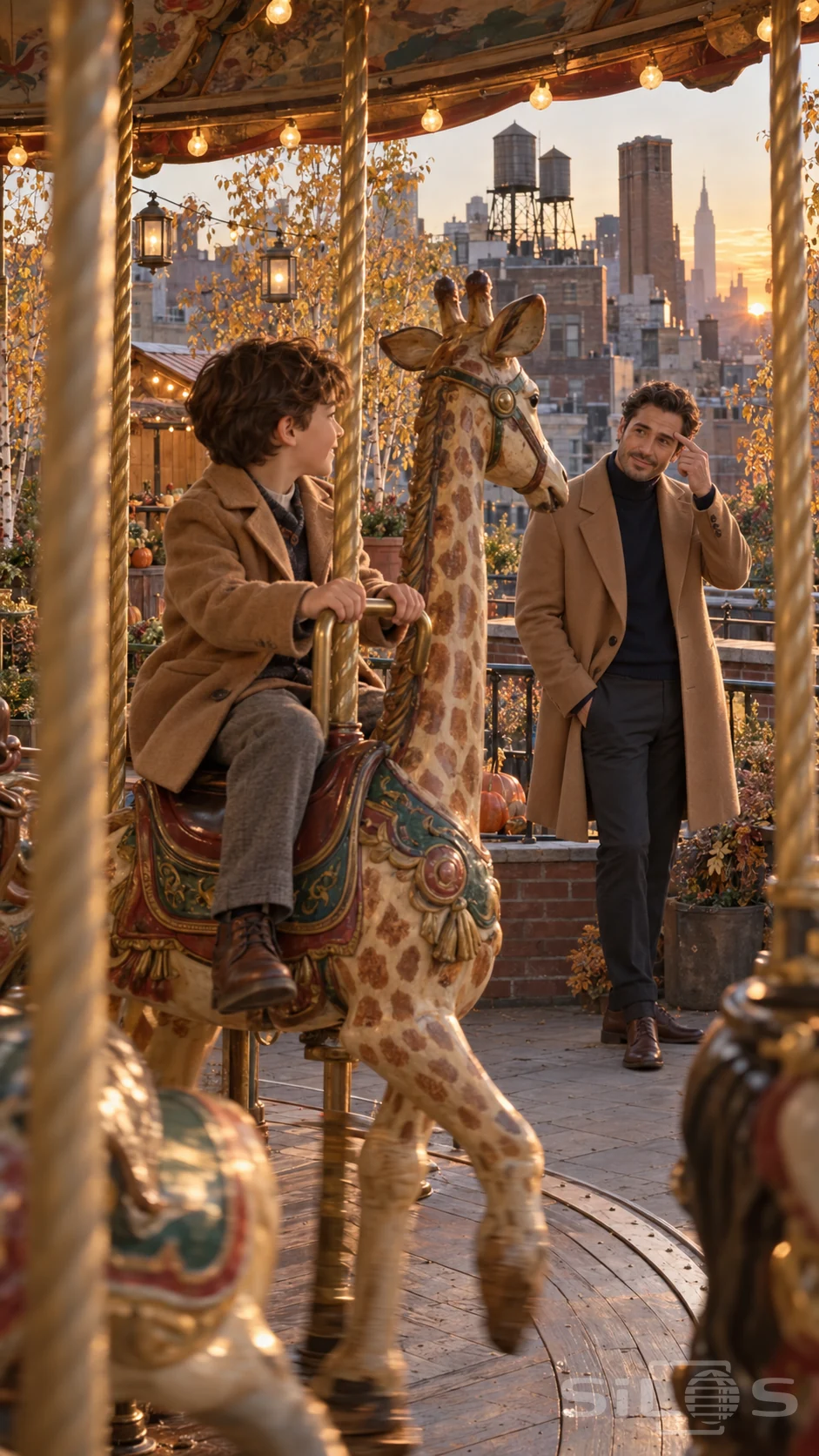 A boy safely holds a carousel giraffe handle while a man in a camel coat touches his eyebrow at the rail.