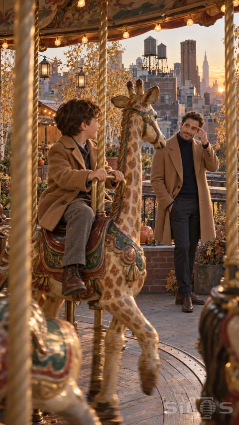 A boy safely holds a carousel giraffe handle while a man in a camel coat touches his eyebrow at the rail.