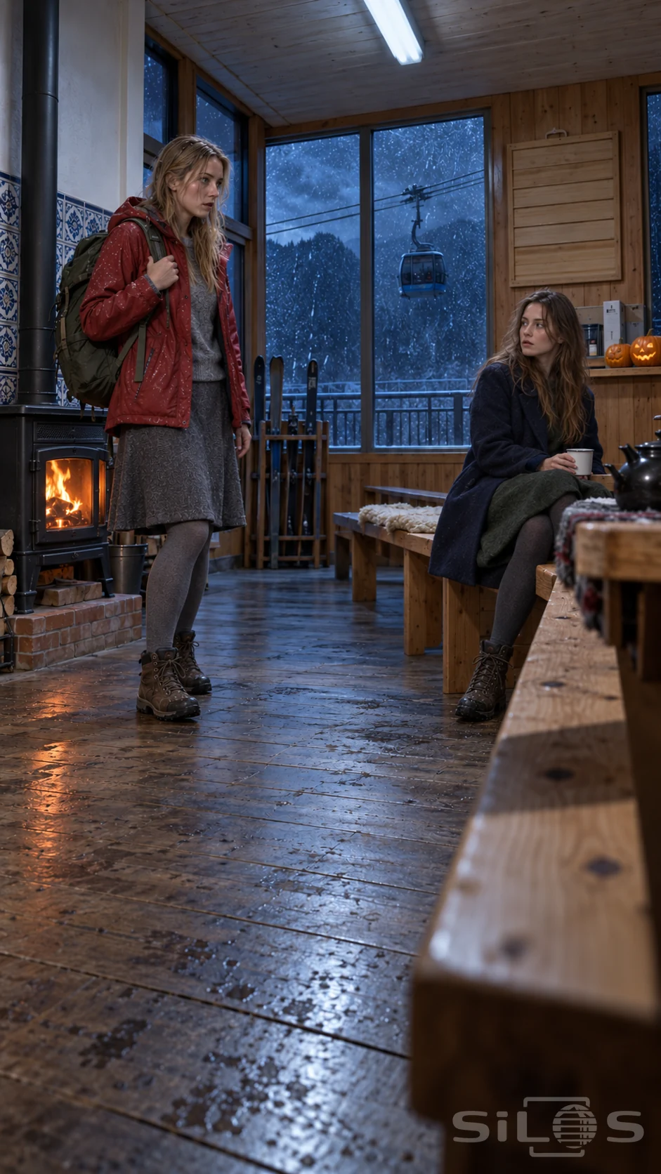 A traveller in a red jacket pauses near a stove while a brunette stranger in a navy coat watches from a wooden bench.