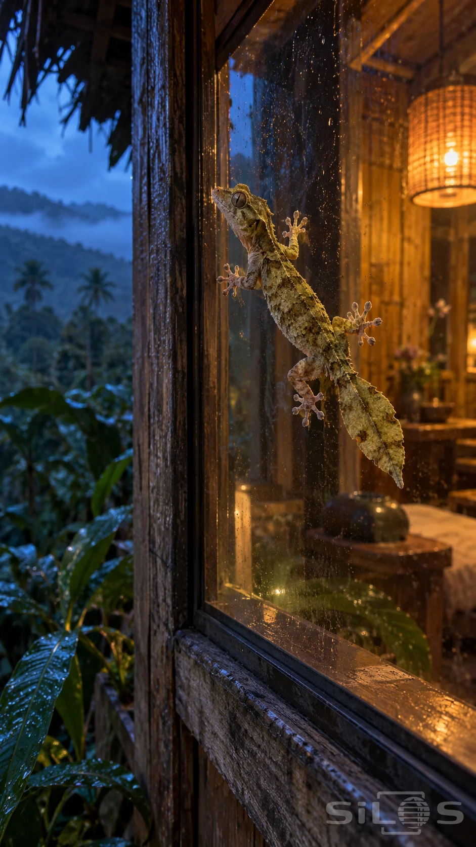 A leaf-tailed gecko crosses a warm-lit window, with splayed toe pads on wet glass, a broad mottled tail and blue forest beyond.