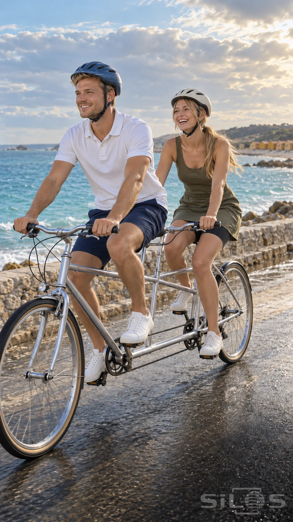 Two adults wearing cycling helmets ride a silver tandem bicycle along a coastal road beside turquoise water.