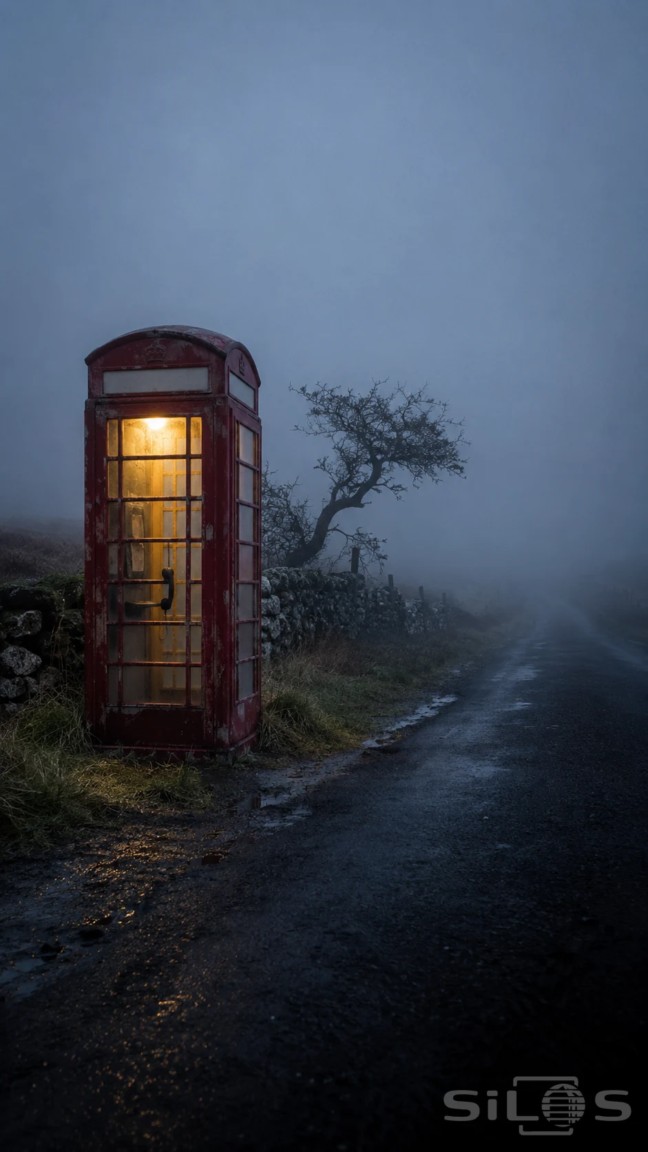 A faded red telephone box with warm light stands beside a stone wall and crooked tree on a foggy moor road.