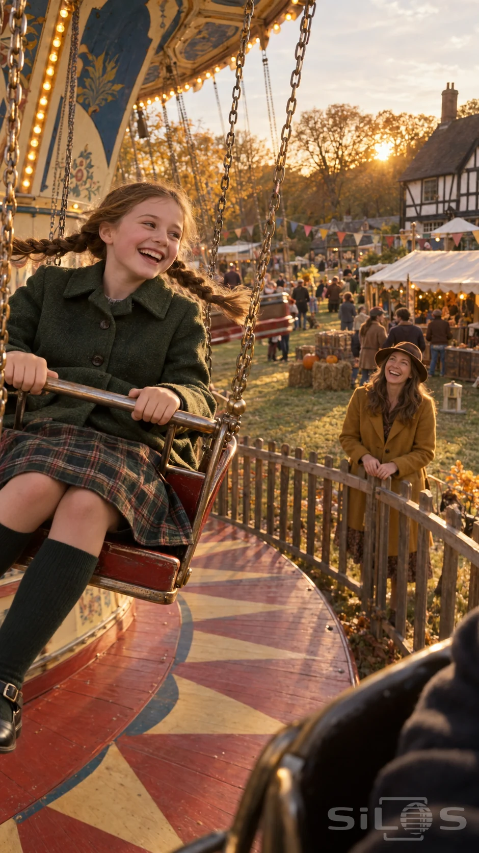 A girl safely seated behind a swing chair bar laughs toward a woman in a mustard coat at an autumn fair.