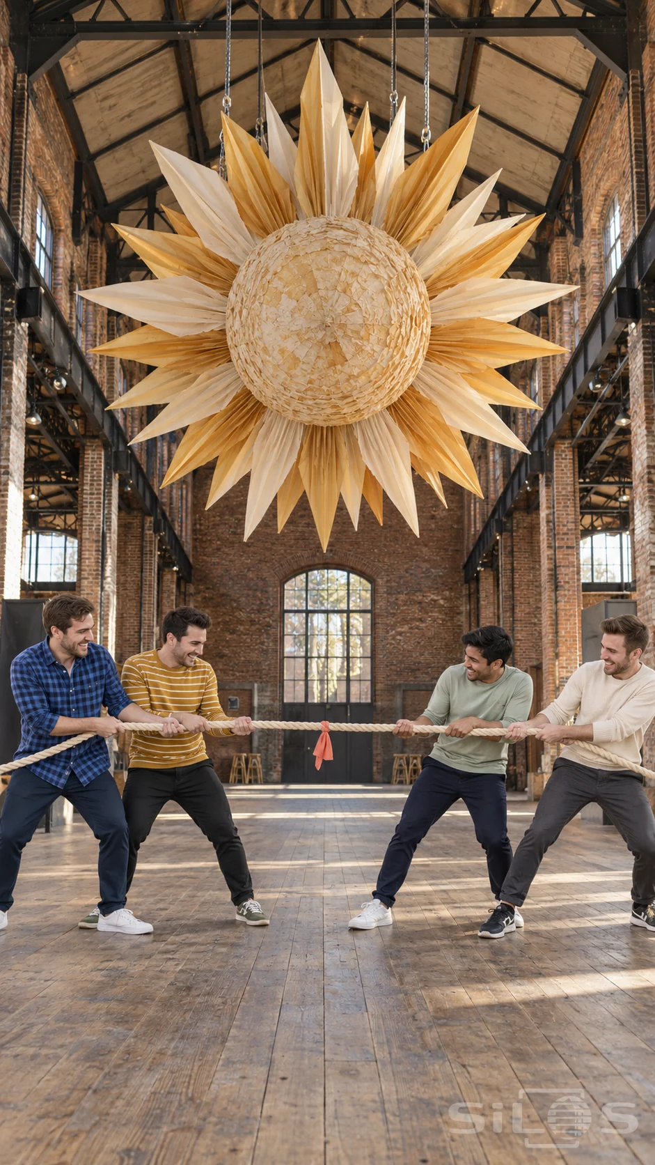 Four adult men play a friendly tug-of-war with a cotton rope beneath a huge folded paper sun suspended inside a brick hall.