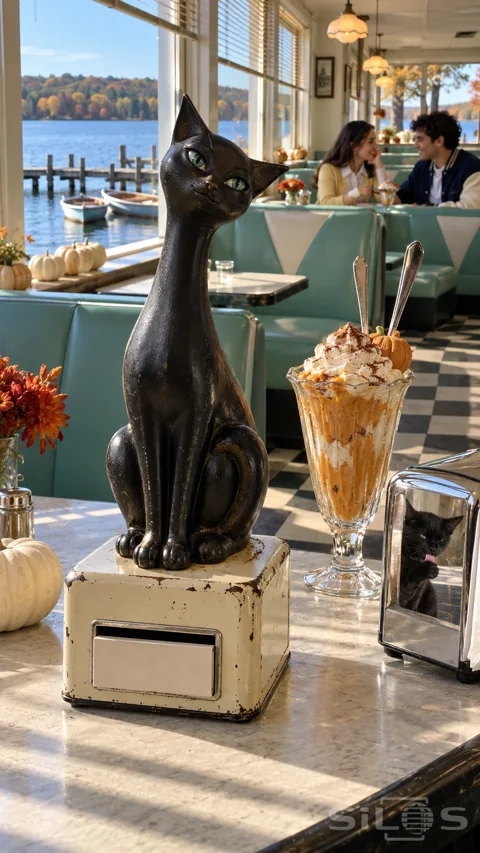 Tall black cat fortune machine beside a pumpkin sundae and a napkin holder reflecting a living cat in a lakeside parlour.