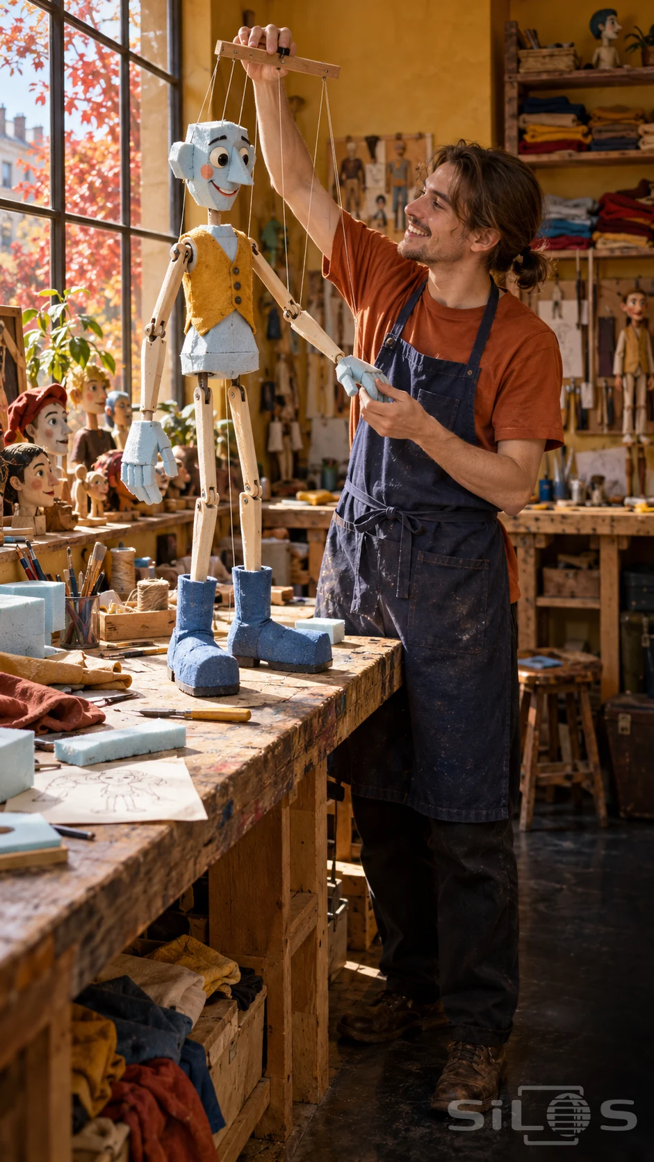 A puppet maker in an orange shirt tests a blue foam marionette with wooden jointed arms at a cluttered workbench.