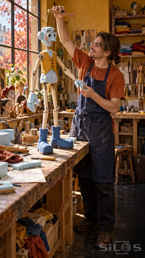 A puppet maker in an orange shirt tests a blue foam marionette with wooden jointed arms at a cluttered workbench.