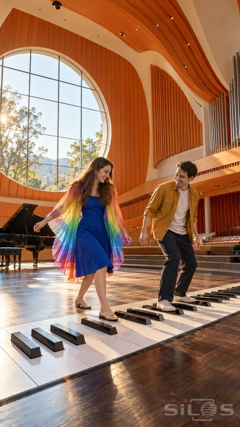 Two adult friends step across a floor piano in a tall orange music hall with a round window; wooden flooring and organ pipes.