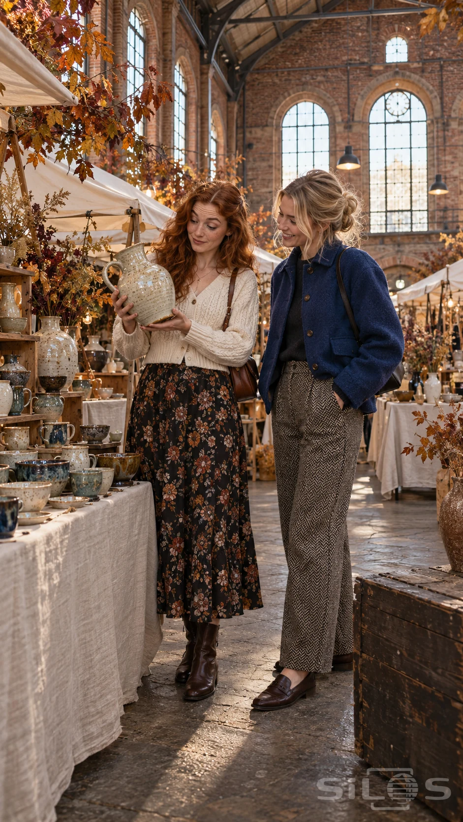 Two friends examine a speckled jug at an autumn ceramics market, surrounded by pottery and arched brick windows.