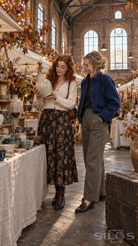 Two friends examine a speckled jug at an autumn ceramics market; surrounded by pottery and arched brick windows.
