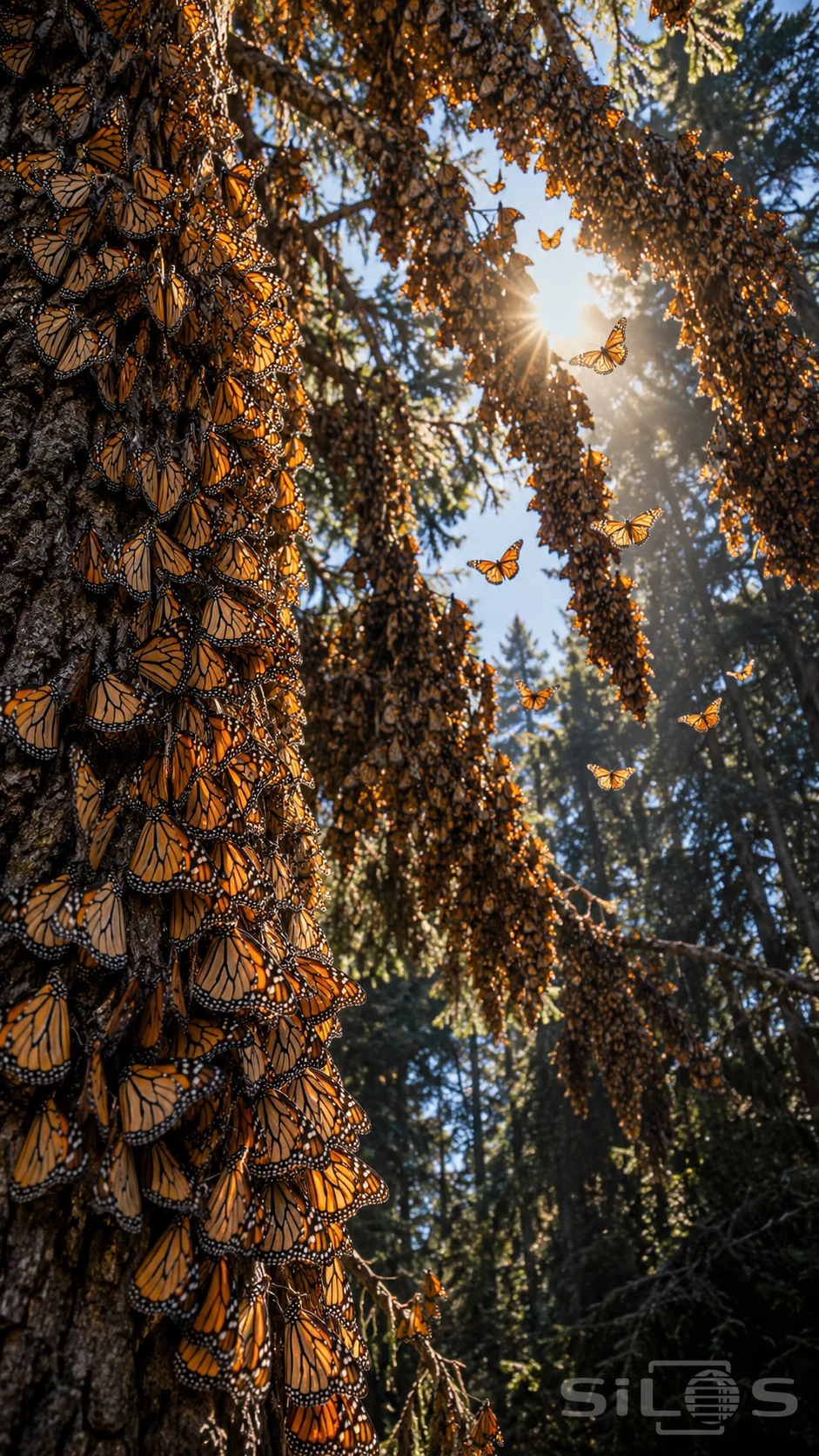 Orange monarch butterflies cover rough branches, with several flying through sunlight between dark forest trees.